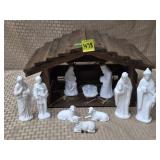 White Porcelain Nativity Set w/ Wood Manger