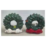 Pair of 2 Ceramic Xmas Wreath Light Up Decorations