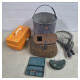 Vintage Fishing Basket, Tackle Box, Galvanized