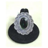Green Emerald German Silver Ring, Size 9