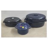 Lot of Vtg Black & Blue Speckleware Roasting Pots,