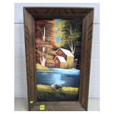 Vintage Velvet Watermill Painting in Wood Frame