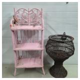 Pink Wicker Shelf & Brown Wicker Planter Stand