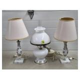 Milk Glass Hurricane Lamp & Pair of Porcelain