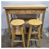 Natural Rolling Wood Kitchen Island w/ 2 Stools