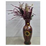 Burgundy Ceramic Floor Vase w/ Sunflowers Motif