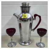Vtg Art Deco Chrome Cocktail Shaker w/ 2 Ruby