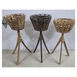 (3) Wicker & Wood Planter Stands Lot