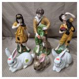 Lot of Boy & Girl Ceramic Statues, Bunny Statues