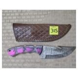 Damascus Steel Gut Hook Knife w/ Leather Sheath