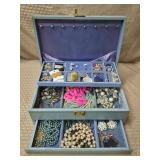 Blue Jewelry Box w/ Costume Rings, Necklaces,