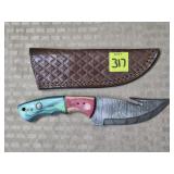 Damascus Steel Gut Hook Knife w/ Leather Sheath