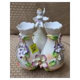 Vtg Porcelain Triple Bud Vase w/ Cherub Top