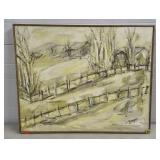 Mid Century Modern Farmland Oil on Canvas Painting