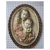 Large Vtg Madonna & Child Chalkware Wall Plaque