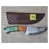 Damascus Steel Gut Hook Knife w/ Leather Sheath