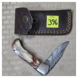Damascus Steel Pocket Knife w/ Leather Sheath