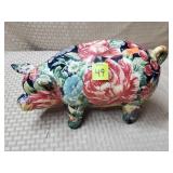 Vtg Floral Decoupage Pig Statue - 10 5/8" W