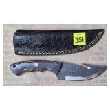 Damascus Steel Gut Hook Knife w/ Leather Sheath