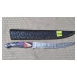 Damascus Steel Long Knife w/ Leather Sheath