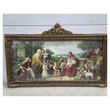 Antique Jesus Blessing Children Picture in Frame