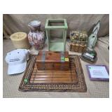 Assorted Home Decor- Wooden Chest, Wicker Tray,