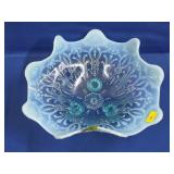 Northwood Pearl Flowers Blue Opalscent Glass Bowl