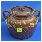 Vintage Brown Glazed Stoneware Covered Crock