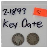 2- 1893 Key Date Barber Dimes