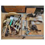 Bench Vise & Hand Grinder, & Paint Brushes