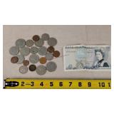 Foreign Coins & England 5 Pound Bill