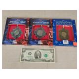 3- American Spirit Quarters & $2 Note