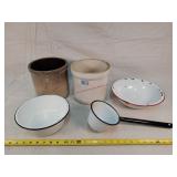 Enamel Bowls & 2- 1 Gallon Crocks 1 Cracked