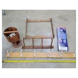 Wooden Gun Rack, Wall Hooks, & Wooden Lamp