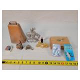 Gold Timex Cycle Clock, Cow Bell, Camel Lighter