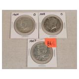 3- 1967-1969 Silver Kennedy Half Dollars