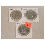 3- 1967-1969 Silver Kennedy Half Dollars