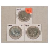 3- 1967-1968 Silver Kennedy Half Dollars