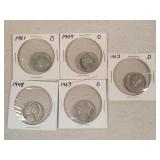 5- pre 1964 Jefferson Nickels