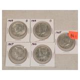 5- 1965-1969 Silver Kennedy Half Dollars