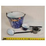 10" Blue Swirl Enamel Bucket & Ladles