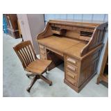 Solid Oak Rolltop Desk & Oak Chair