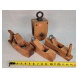 3- Antique Wooden Hand Planes & Wood Pulley