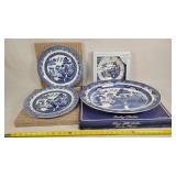 Churchill Blue Willow Platter, 2 Plates, & Clock
