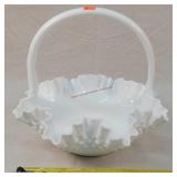 Fenton Milk Glass Basket Bowl 10"w