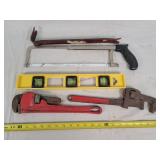 Hand Saw,  Pipe Wrenches, Level