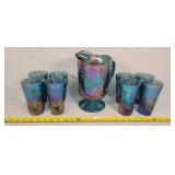 Purple Carnival Glass Pitcher & 8 Cups