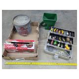 Tackle Box with Vintage Lures, Minnow Bucket,