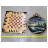 Antique Game Board 29" & tapestry Painting