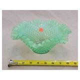 Fenton Green Opalescent Ruffle Bowl 9"